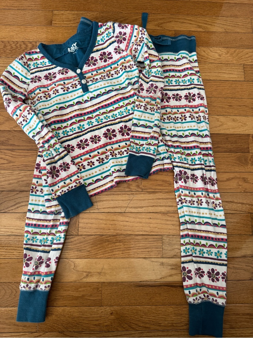 Lazy One Multicolor Floral Stripe Pajama Set with Teal Trim